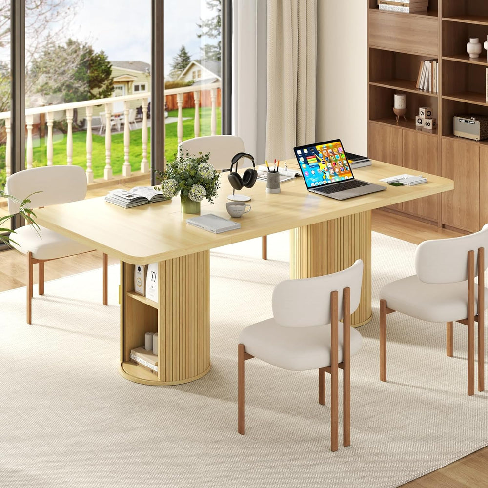 79" Rectangular Dining Table for 8-10, Wood Kitchen Table with 2-Layer S...