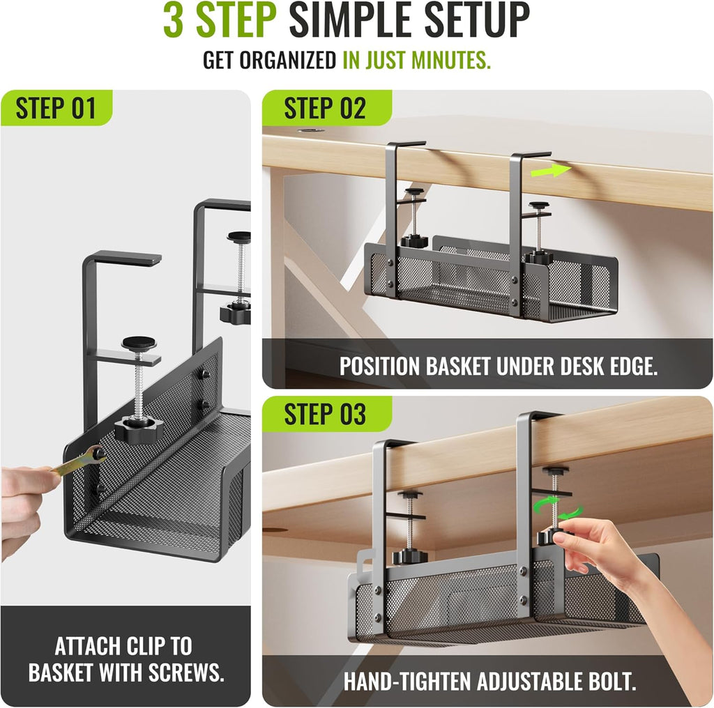 [Upgraded] 2 Pack Cable Management Under Desk Tray, Xpatee 27.6" No Drill Open Slots Cable Management Tray, Cord Wire Organizer Box with Clamp for Table Thickness up to 3" - No Desk Damage(Black)