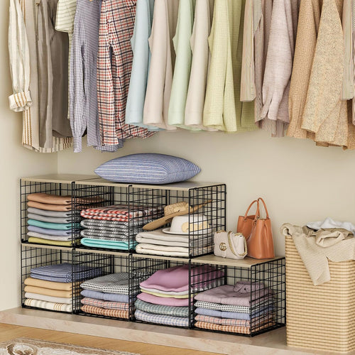 4-Tier Stackable Closet Organizers and Storage Basket, Shelves with Wood Top, Foldable Clothes Storage Bin/Cube Drawer Organizer for Wardrobe, Space-Saving, Closet Organization,Black(Patent Pending) ﻿