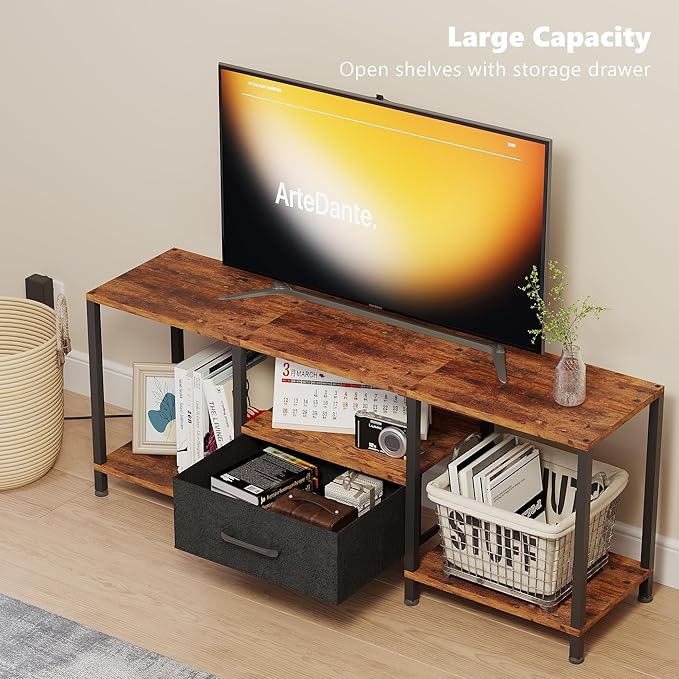 TV Stand with LED Lights, Entertainment Center with Open Shelves and Fabric D...
