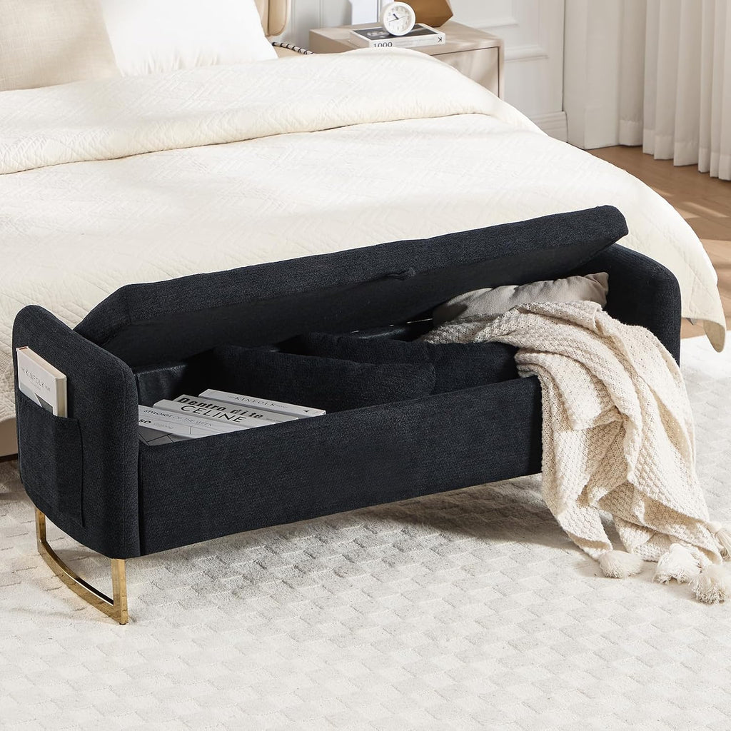 48" End of Bed Bench, Modern Storage Benches with Button-Tufted, Chenille Upholstered Storage Ottoman Bench for Foot of Bed with Arms, Gold Legs Window and Entryway, Black
