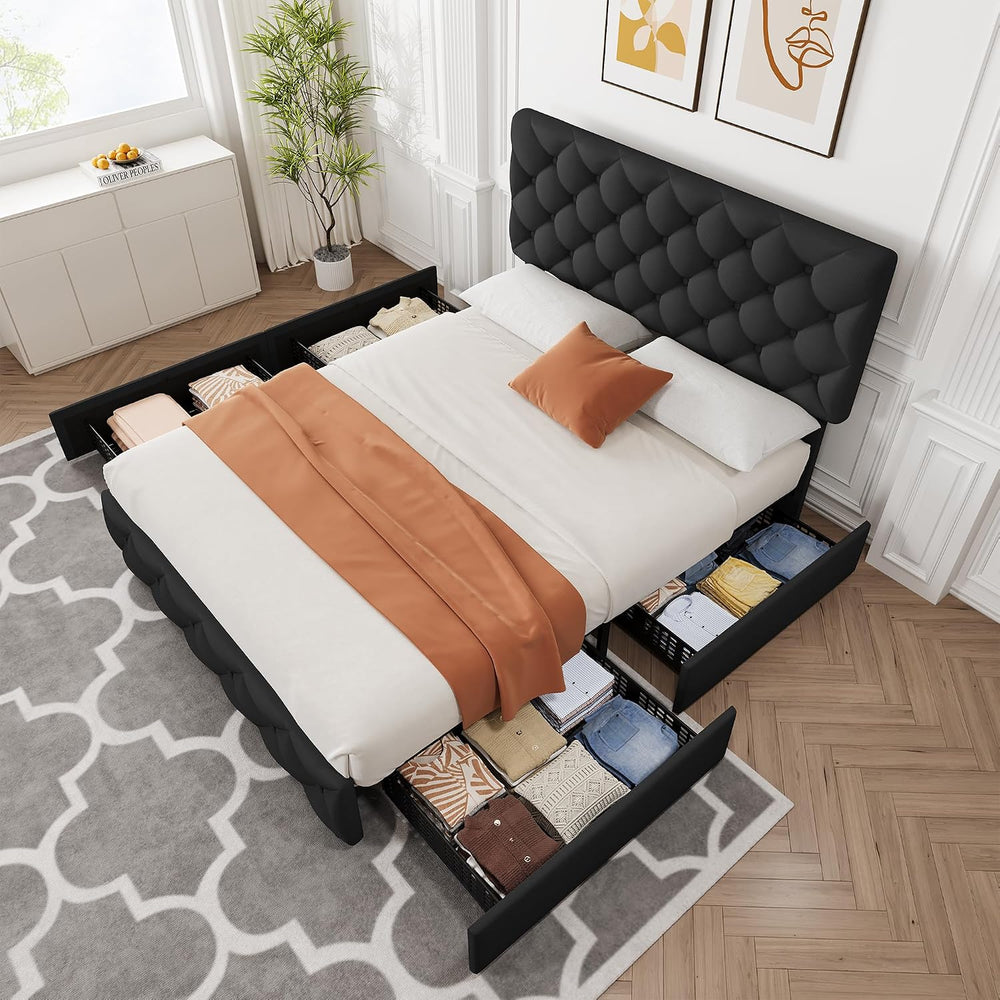 Queen Size Bed Frame with 4 Storage Drawers, Linen Upholstered Platform Bed F...