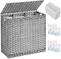 Laundry Hamper with Lid Laundry Basket 132 L (35 Gal) Wicker Clothes Hamper, Handwoven Rattan Hamper with Handles and 4 Removable Liner Bags, 6 Mesh Bags for Laundry Bedroom Gray