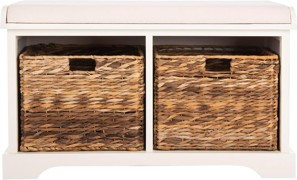 SAFAVIEH Furniture - Freddy 2-Basket Storage Bench - Vintage White - Solid Wo...