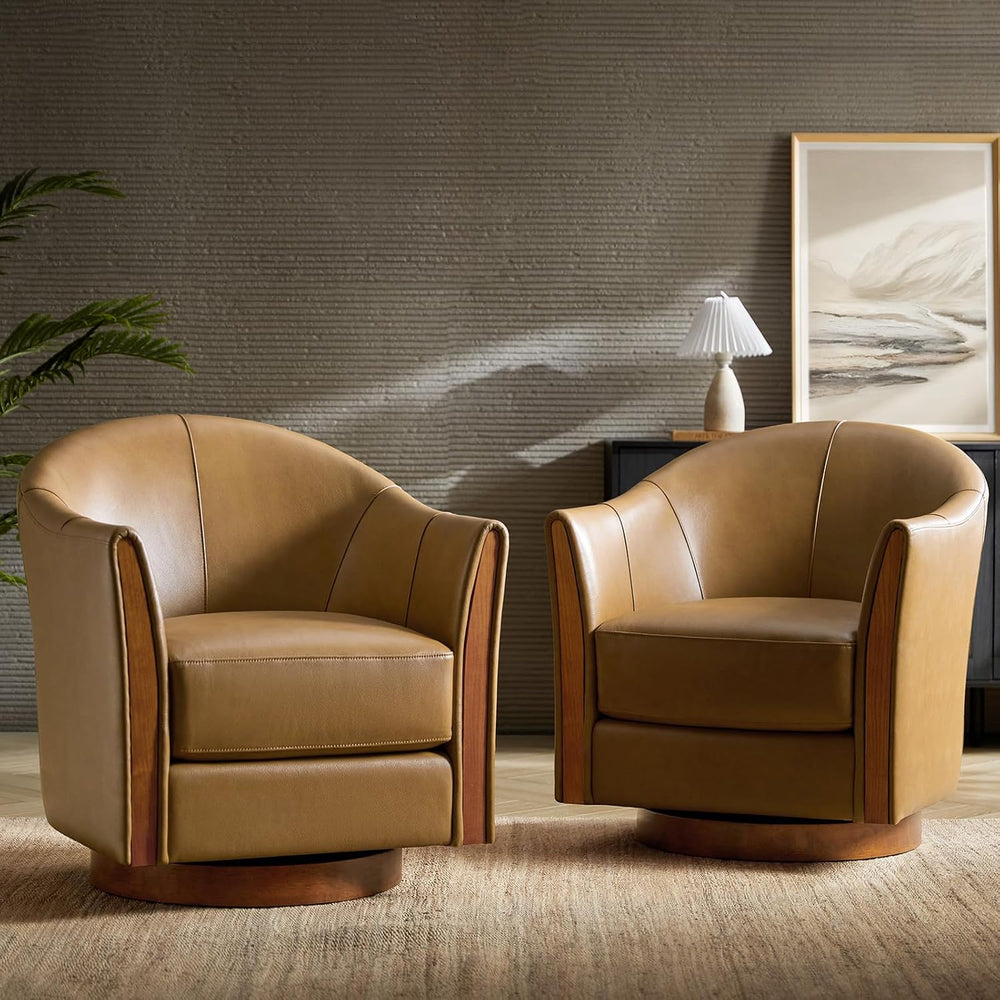 HULALA HOME Leather Swivel Accent Chair with Wood Base Set of 2, Camel | 360-...