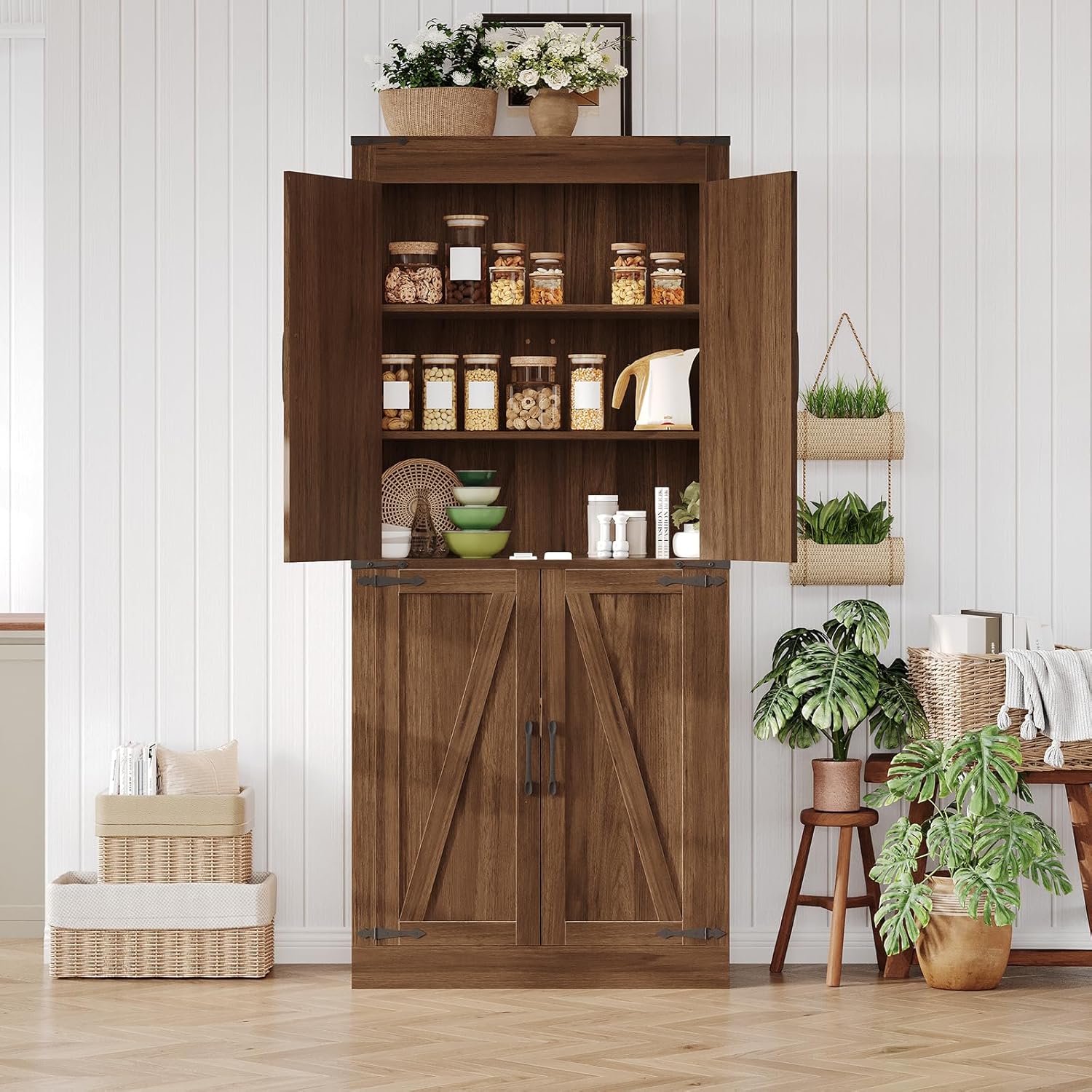 Rustic Brown Kitchen Pantry Cabinet – 71" Tall Freestanding Farmhouse Storage Cabinet with Doors & Adjustable Shelves – Rustic Wood Food Organizer for Kitchen, Living Room, Dining Room & Bathroom
