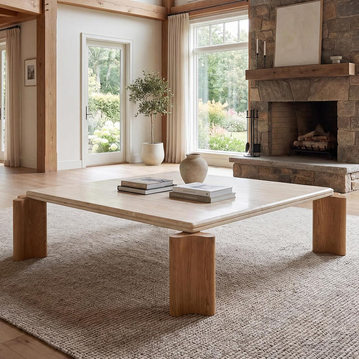 Hyfirm Large Faux Travertine Coffee Table, 47" with Curved Wood Legs