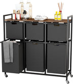 HOMEIJU Laundry Basket with Wheels, Rolling Laundry Hamper Organizer with Large Desktop, Laundry Sorter with 6 Pull-Out and Removable Laundry Bags, Metal Frame, Rustic Brown and Black