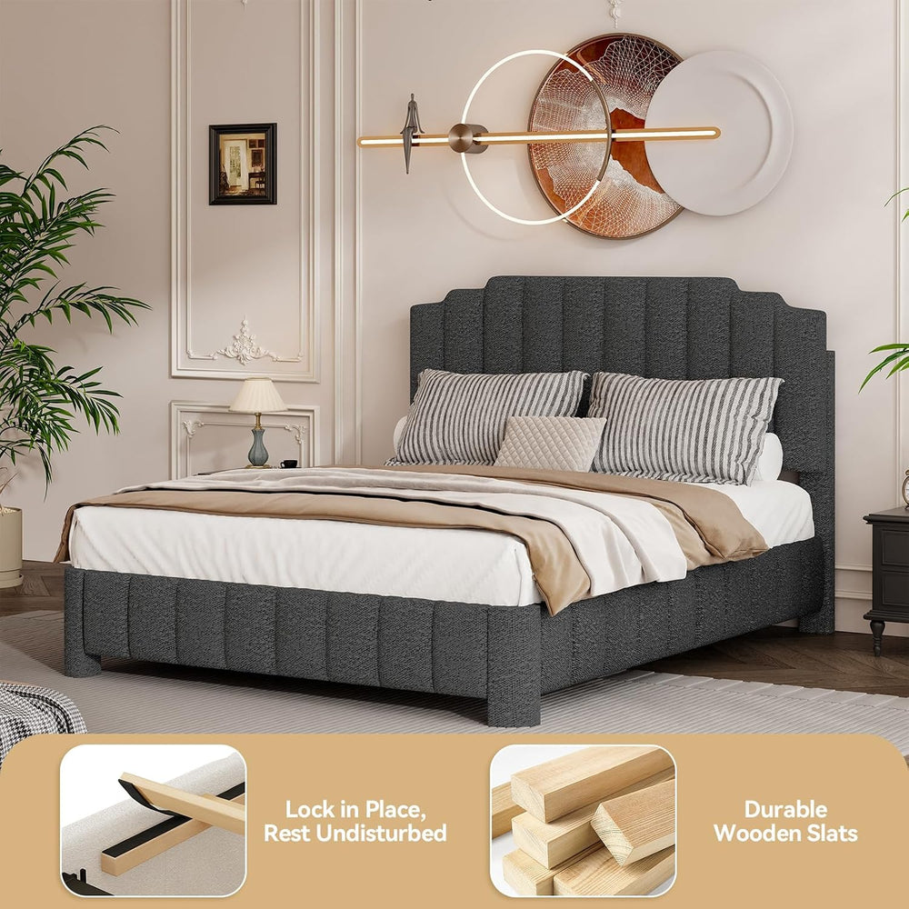 Queen Bed Frame with Adjustable Headboard, Boucle Queen Size Bed Frame