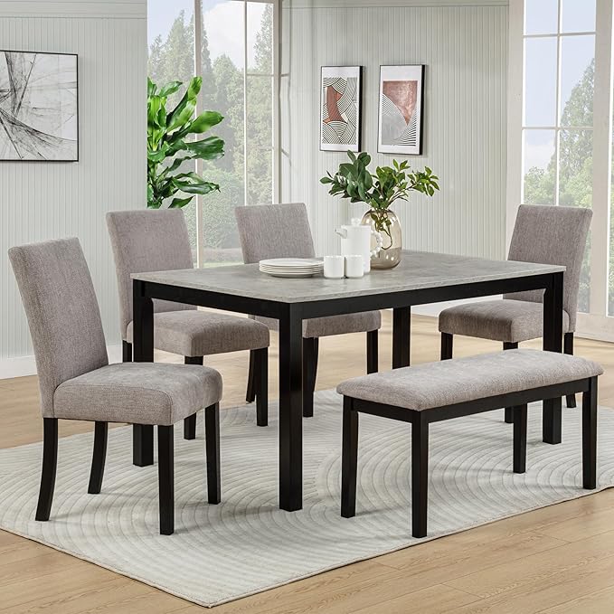 KEIKI 6-Piece Standard Height Dining Table Set with Rectangular Table, 4 Upholstered Curved Backrset Chair, Bench, for 6 Person, Modern Table Set, Easy Assembly, for Kitchen, Dining Room, Black+Gray