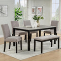KEIKI 6-Piece Standard Height Dining Table Set with Rectangular Table, 4 Upholstered Curved Backrset Chair, Bench, for 6 Person, Modern Table Set, Easy Assembly, for Kitchen, Dining Room, Black+Gray
