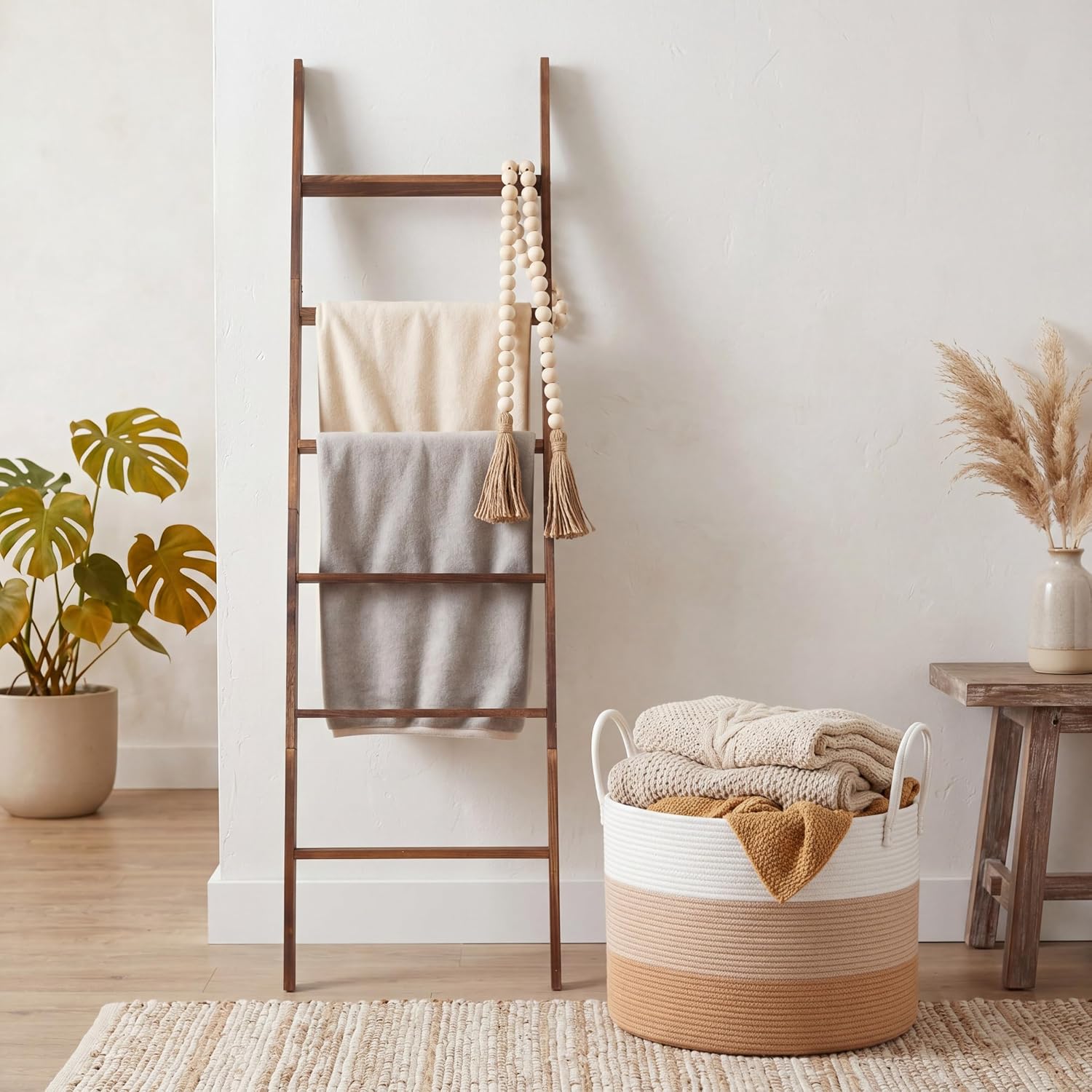 Novabright 3 Pcs Farmhouse Living Room Decoration Set with 5.6 Ft Wooden Blanket Ladder 20 x 13 Inches Large Woven Blanket Basket 58 Inches Wood Bead Garland with Tassels for Bedroom Home Decor