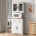 Wooden Kitchen Cabinet White Pantry Room Storage Microwave Cabinet with Framed Glass Doors and Drawer