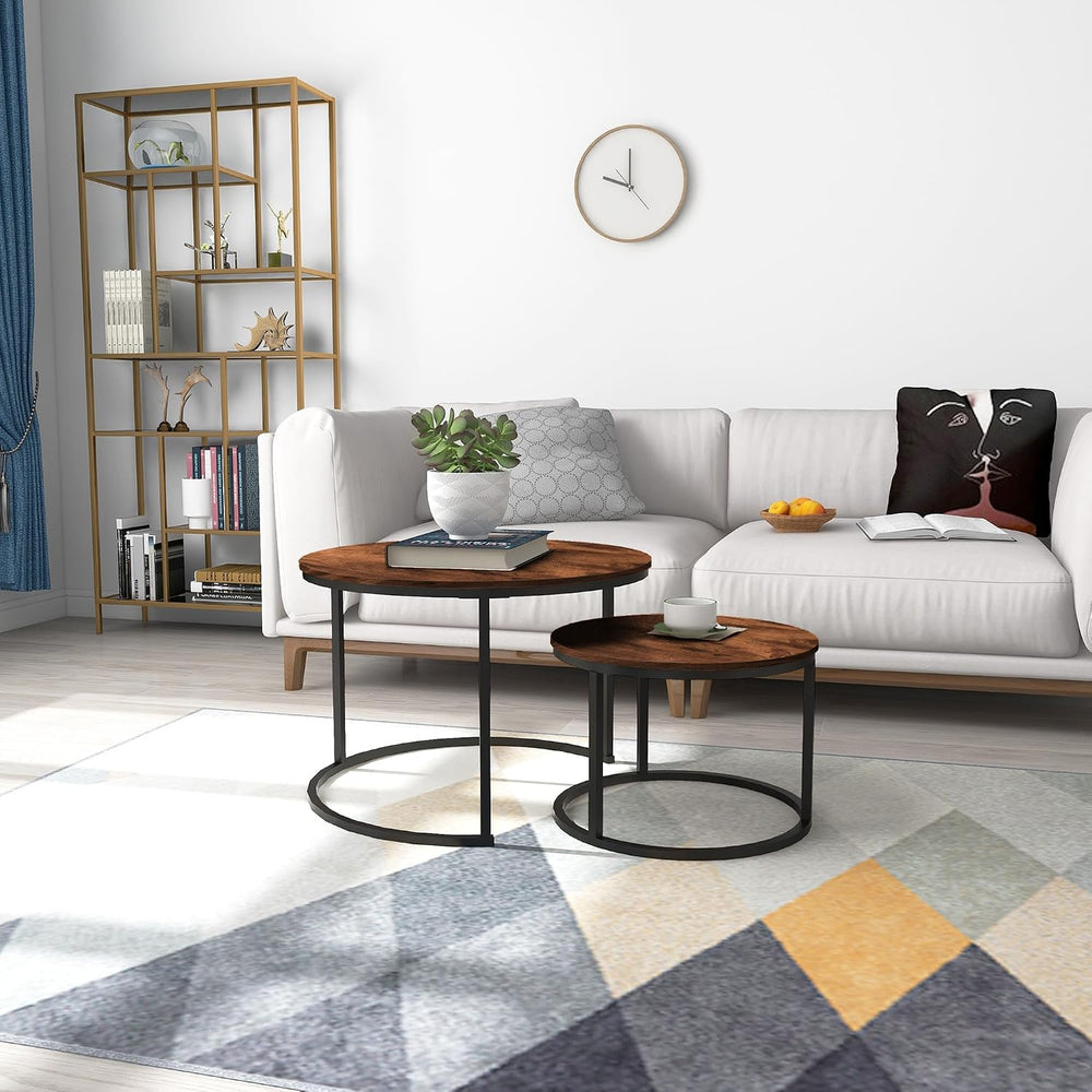HOMERECOMMEND Round Coffee Table Set of 2 for Living Room,Rustic Brown | Mode...