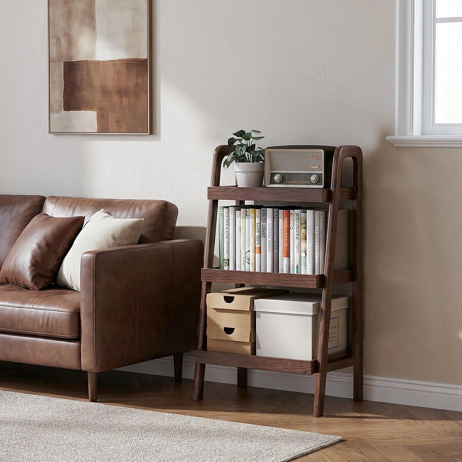 Solid Wood Ladder Shelf, 3 Tier Open Bookcase Storage Shelf | Space-saving vertical organizer, stable ladder structure, display solution for books, plants, decor and household essentials