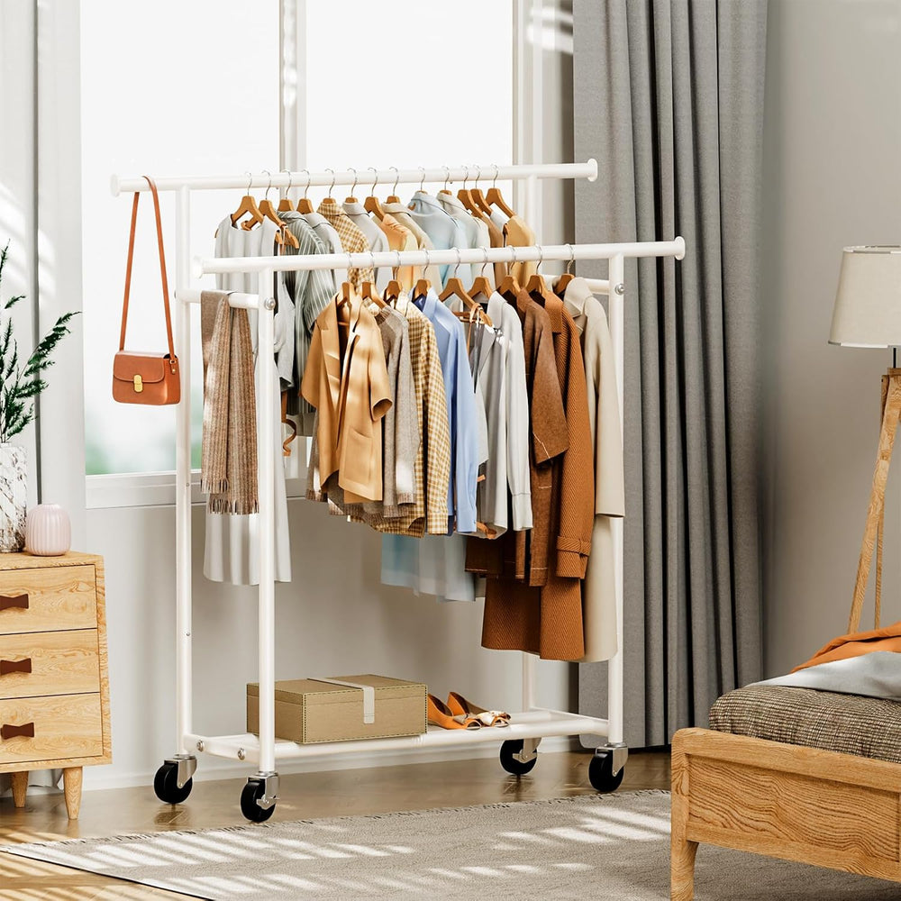 HYSEYY Clothes Rack, Double Rods Rolling Clothing Rack for Hanging Clothes, P...