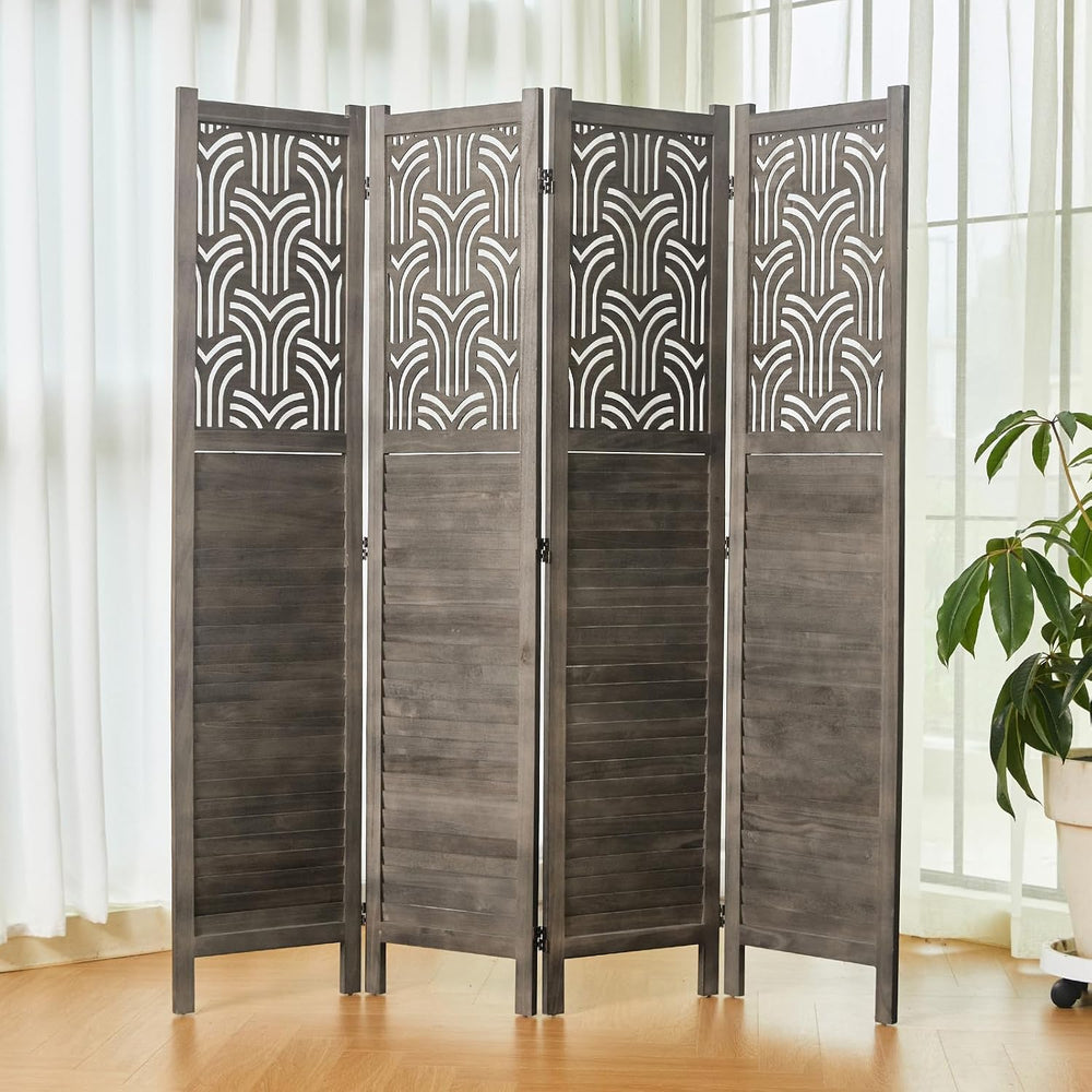 Svimi Folding Room Divider, 66.9 Inch 4 Panels Wood Carved Privacy Screens, F...