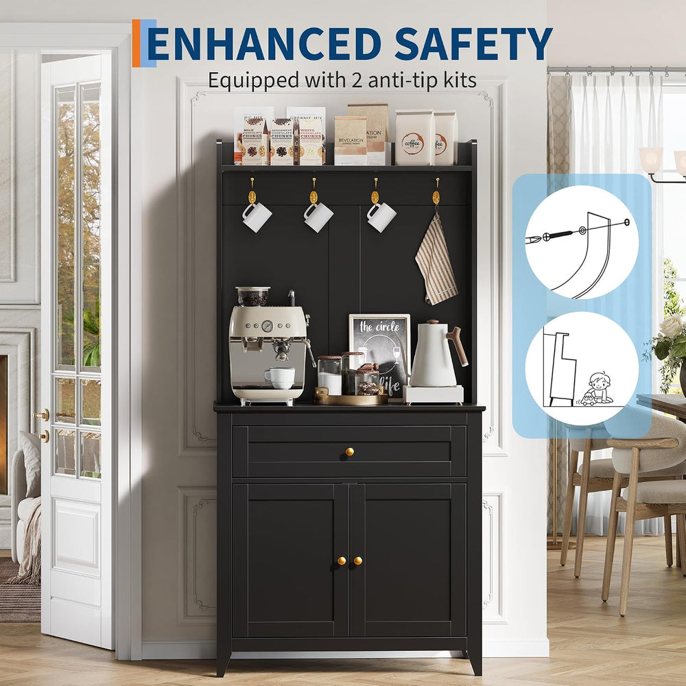 Garvee Pantry Cabinet with 4 Hooks, Kitchen Pantry Cabinet, Coffee Bar Table ...