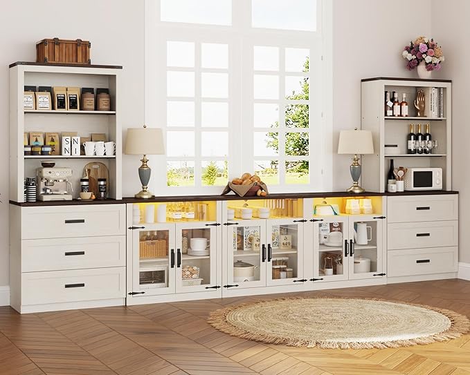 157" W 4-Piece Entertainment Center with Bookshelves for TVs up to 100", Farmhouse Wall Unit TV Stand with Doors & Drawer, Media Console Table for Living Room, Bedroom, White