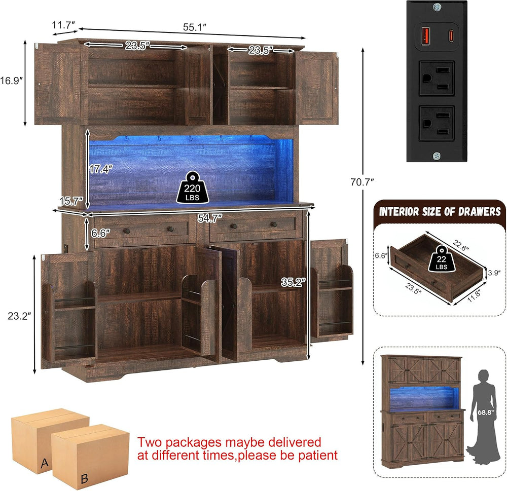 71" Tall Large Pantry Storage Cabinet w/Power Outlet,55" Wide Farmh...