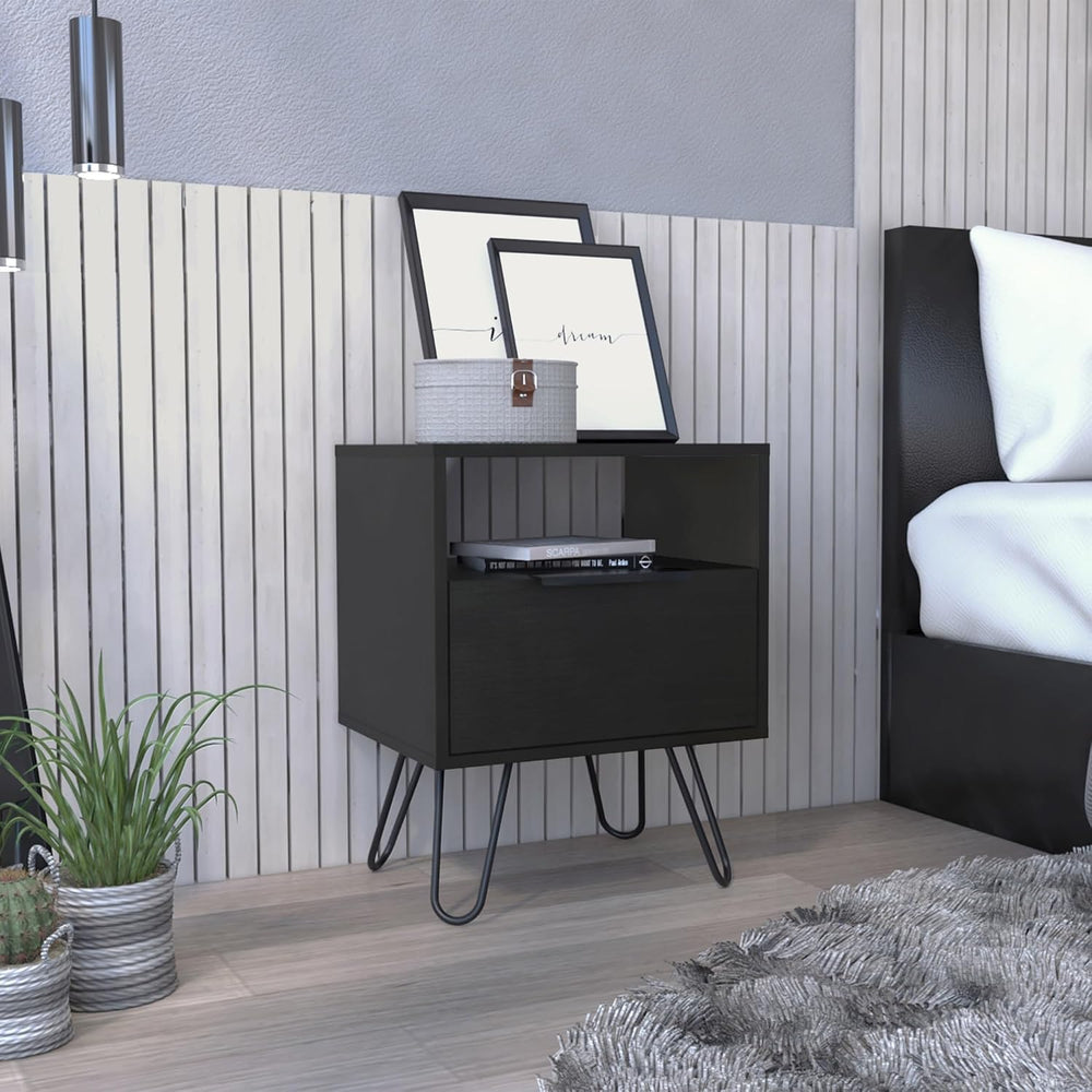 Nightstand, End Table, Side Table Single Door Cabinet, Hairpin Legs -Black,fo...