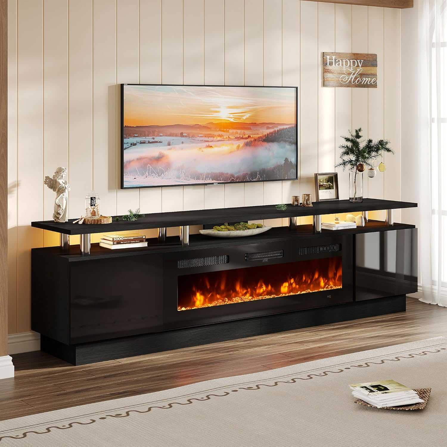 oneinmil 90'' Fireplace TV Stand with 50” Electric Fireplace, 2 Tier TV Console Stand for TVs Up to 100", LED Light Entertainment Center, Fireplace for The Living Room TV Stand, Black