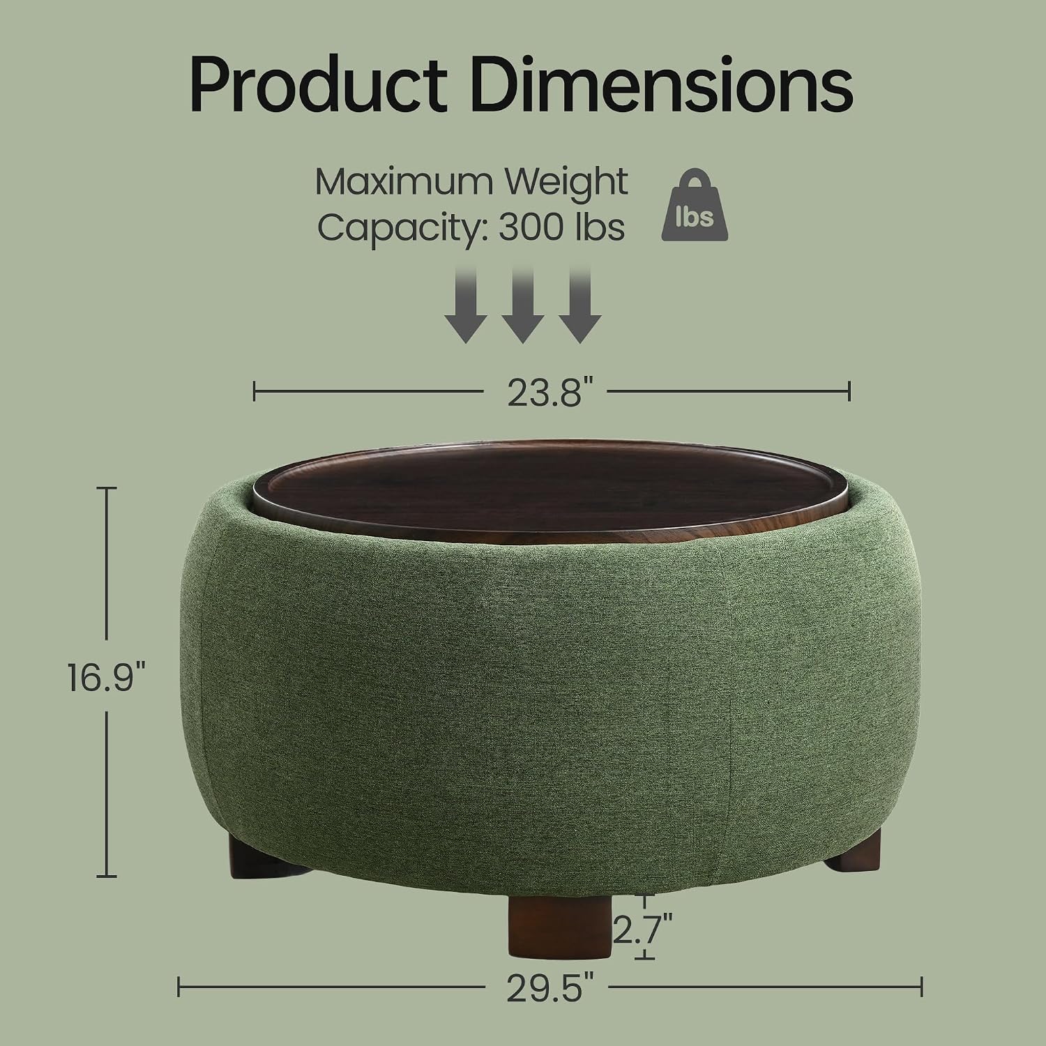 VKNOW 30" Round Storage Ottoman Coffee Table, Ottoman with Sotrage with Lift-Off Lid and Solid Wood Legs, Coffee Tables for Living Room, Bedroom, Apartments, Corners, Green
