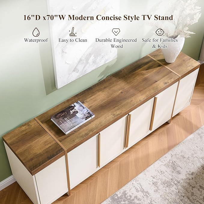 OKD Modern 70" TV Stand,Entertainment Center for TVs Up to 80",TV Console with Storage,Integrated Plinth,Handle-Free Hidden Doors Design,Media Console for Living Room,Bedroom(Antique White)
