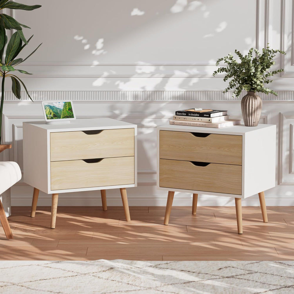 End Table Set of 2 with Storage Drawers, Modern Nightstands Small Sofa Side T...