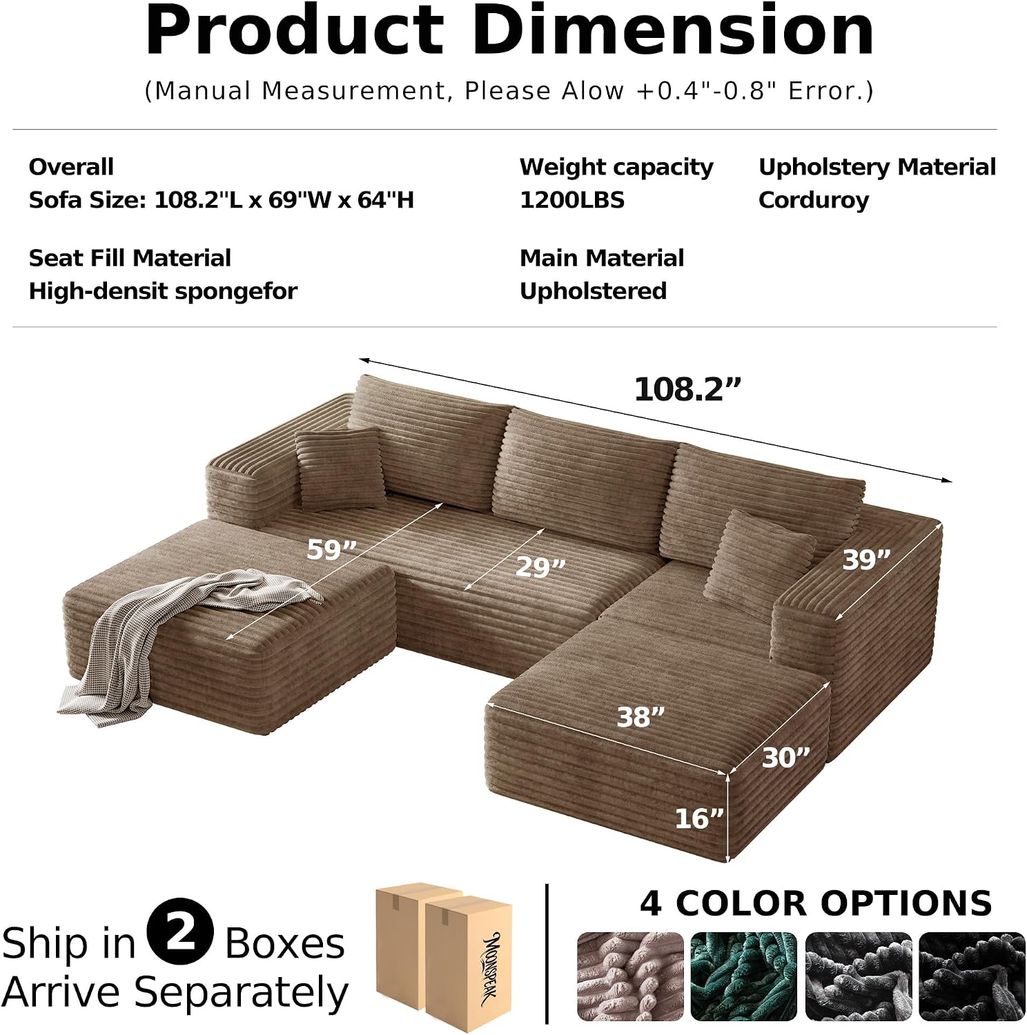 MoonSpeak 108" Boneless Sectional Cloud U Shaped Couch, Khaki | deep seat, 2 movable ottomans, soft corduroy fabric, no assembly, compressed delivery for living rooms