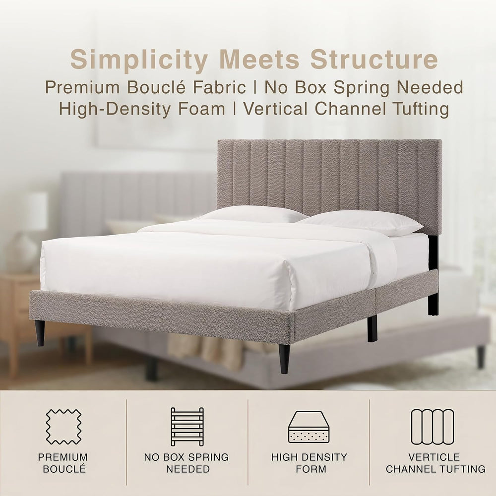 Queen Upholstered Platform Bed Frame, Tufted Channel Headboard, Soft Boucle F...