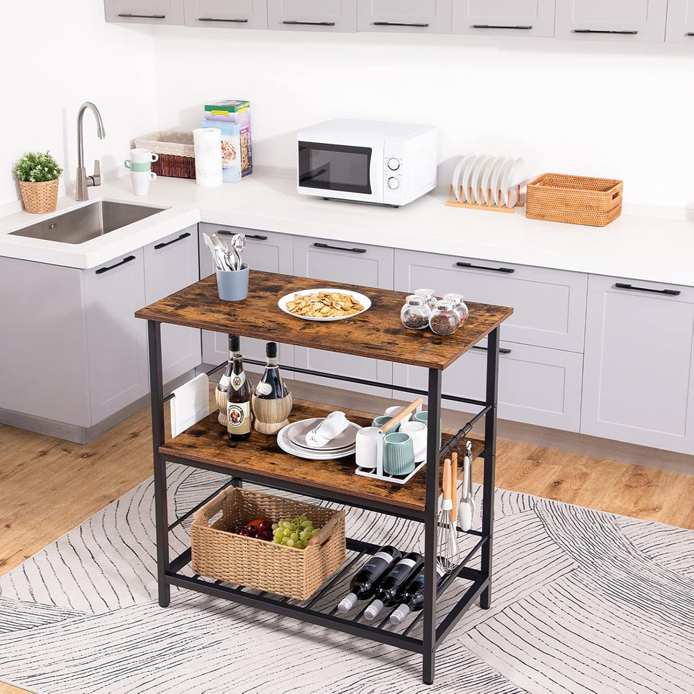 HOOBRO Kitchen Island with Wine Rack, Industrial Island Counter with Hooks an...