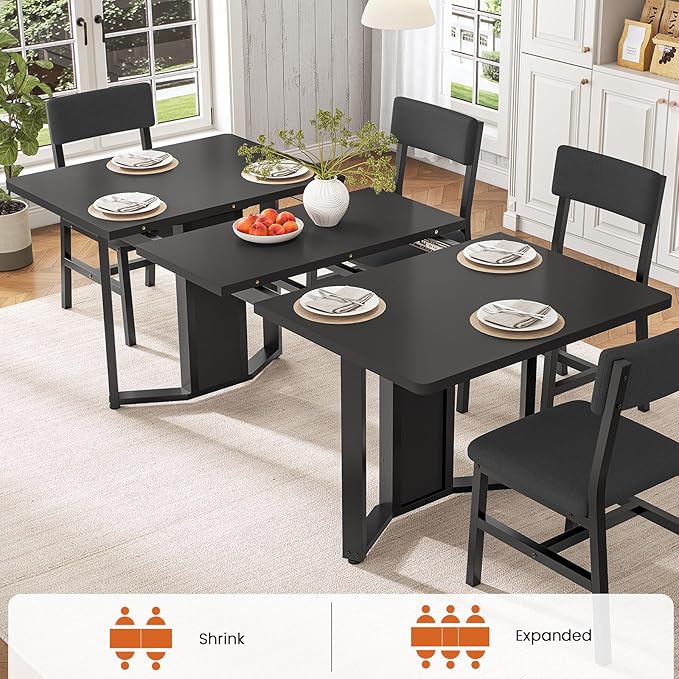 Itaar 5-Piece Dining Table Set for 4-6 People, 63" Extendable Kitchen Table and 4 Cushion Chairs, Dining Room Table with MDF Board & Metal Frame for Small Space, Easy Clean, Black