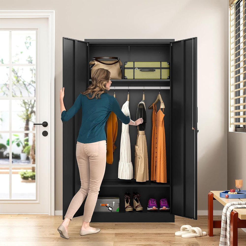 Metal Wardrobe Cabinet with Hanging Rod & Lock,Black Armoire Wardrobe Clo...