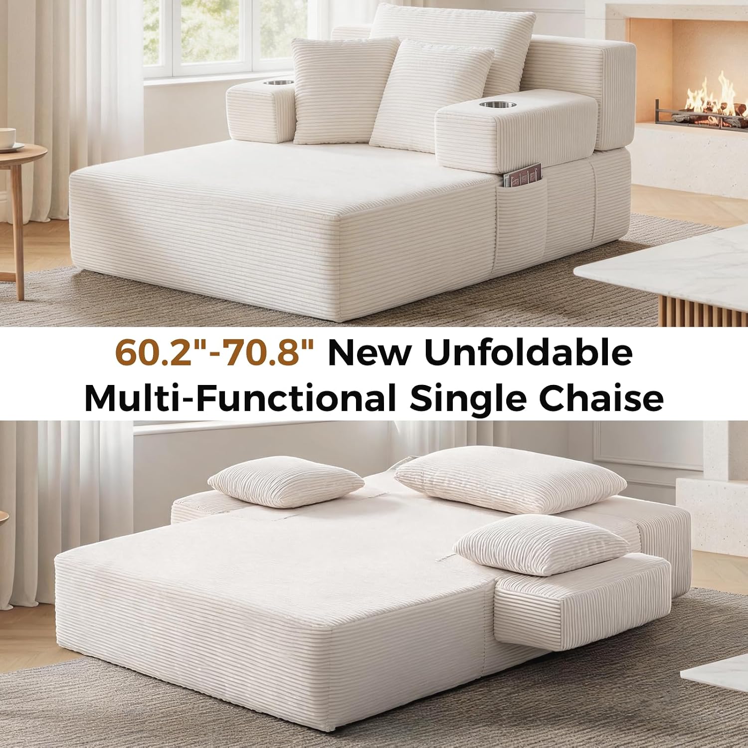 70"Chaise Lounge Chair, Oversized Boneless Chair & 2 Cup Holder 4 Pockets | Oversized Corduroy Lounge Chair Indoor Convertible, 3 Pillows, Deep Seat Sleeper Sofa Bed, Living Room, Reading, No Assembly