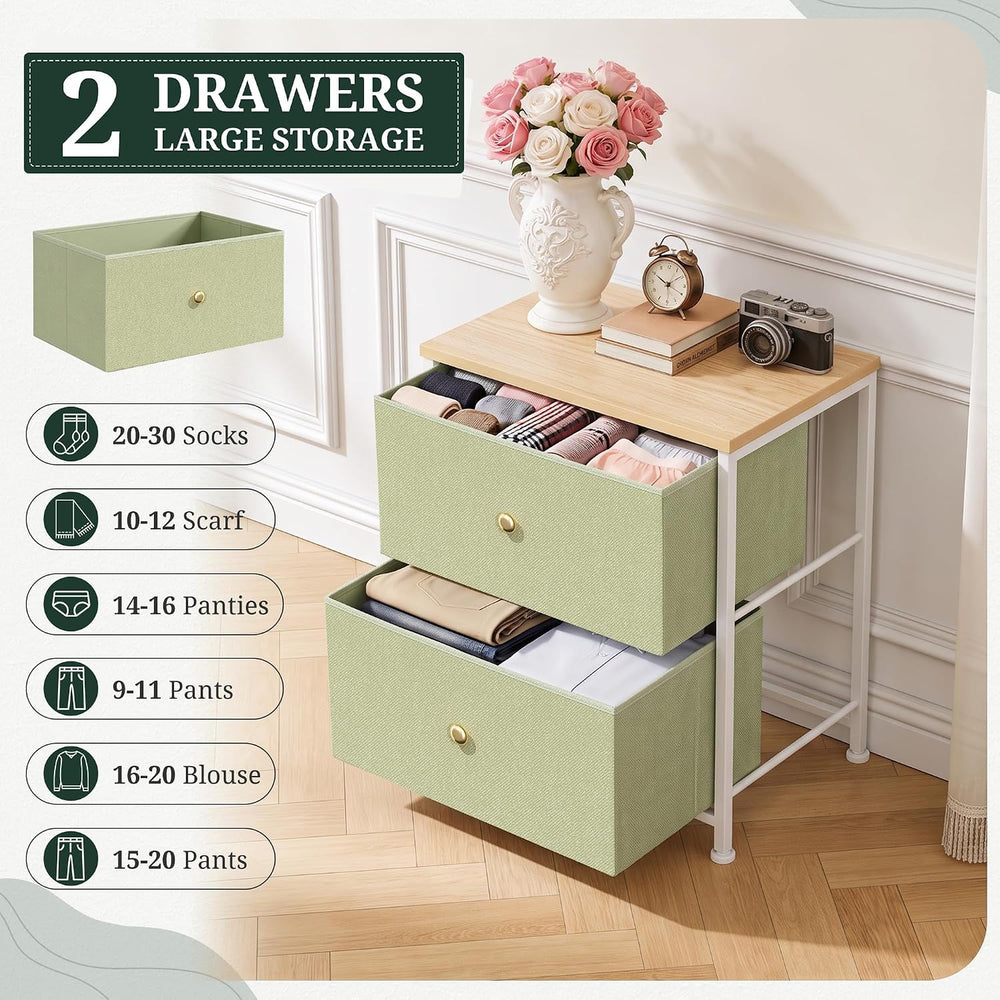 2 Drawer Fabric Nightstand, Bedside Table with Wooden Top, Light Green | Smal...