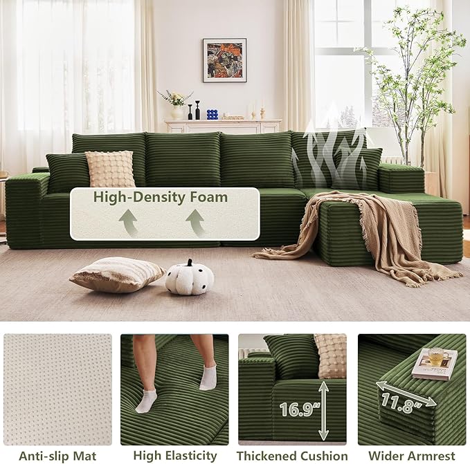 135" Cloud Sectional Couch with L-Shape Chaise, Modern Modular Comfy Sofa Chaise Longue, Upholstered Corduroy Couches Sleeper with Deep Seat for Living Room Bedroom, No Assembly Required, Green