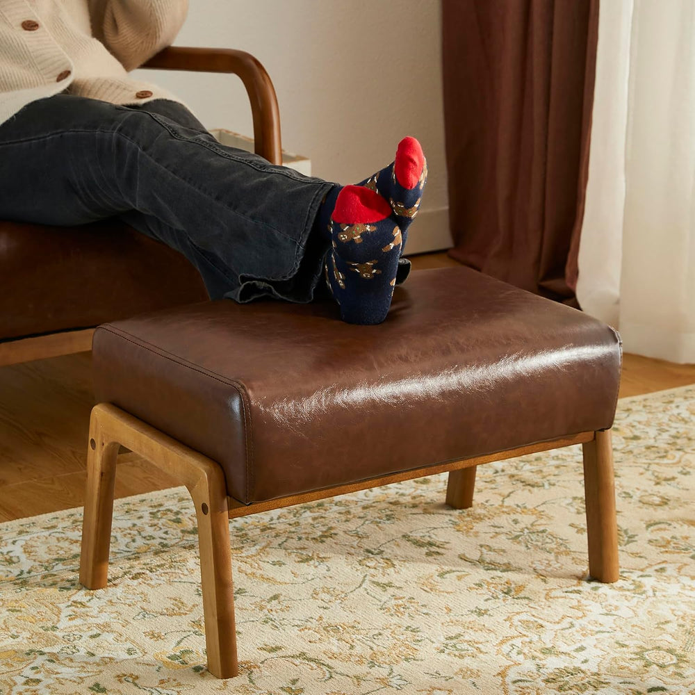 Glitzhome Rectangle Ottoman Bench, Modern Coffee Leatherette Footstool with W...