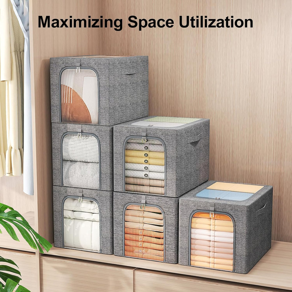 GoMaihe Clothes Storage Bin with Metal Frame: 4-Pack Stackable Closet Storage Bin with Lid & Clear Window, Sweater Boxes Storage for Closet Clothing Bedding Storage Organizer 40L