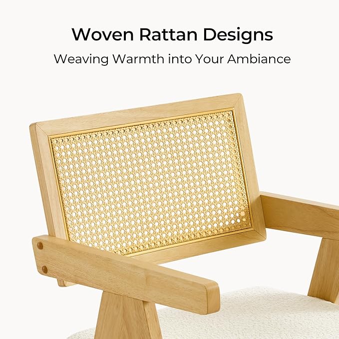 CHITA Rattan Dining Chairs Set of 4, Modern Dining Chair with 2.8inch Cushion, Rubberwood Frame Accent Chairs for Dining Room/Kitchen/Living Room, Oak