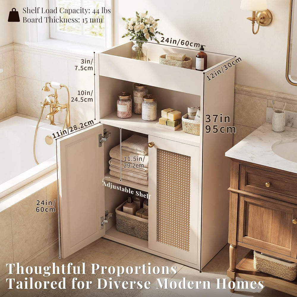 Rattan Bathroom Storage Cabinet, Freestanding Floor Organizer with Anti-Tip D...