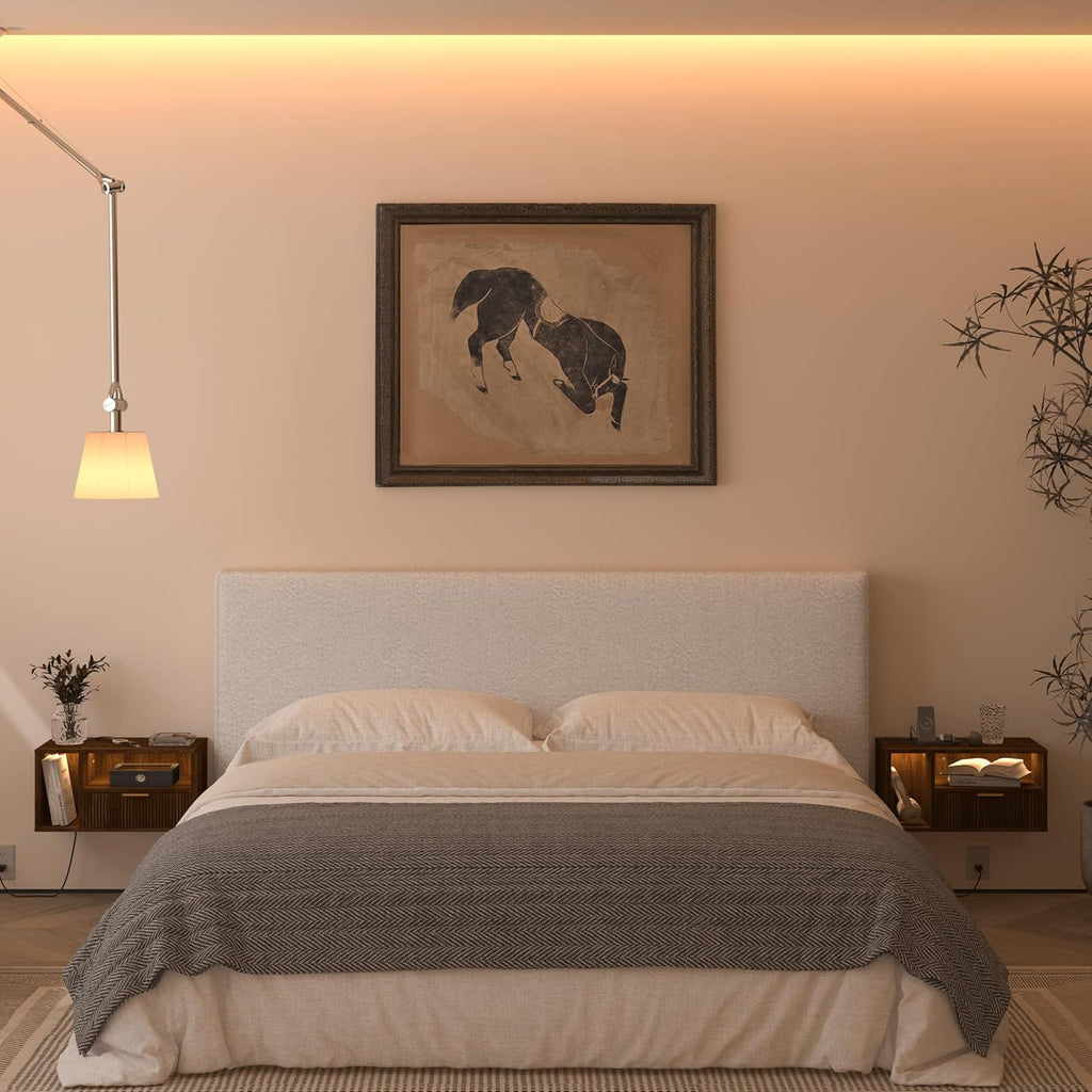 Veegle Floating Nightstand with Charging Station and LED Lights, Walnut Brown