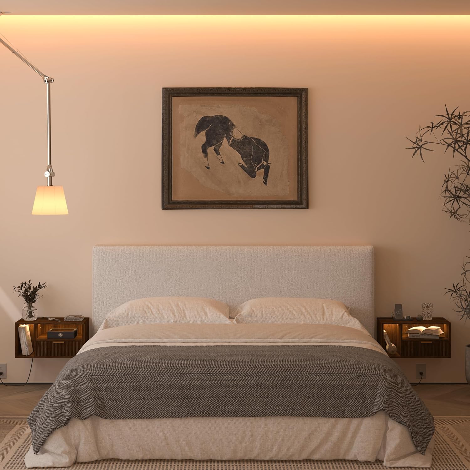 Veegle Floating Nightstand with Charging Station and LED Lights, Walnut Brown