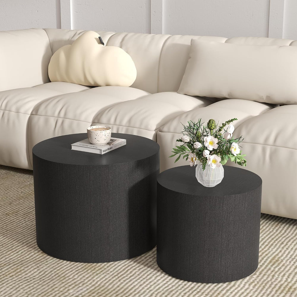 Nesting Coffee Table Set of 2, Round Coffee Table, Black | Modern Wooden Circ...