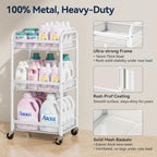YASONIC 3 Tier Metal Rolling Cart, White Utility Storage Cart with Wheels | Metal Mesh Craft Cart With Hooks & Hanging Cups, Ideal For Kitchen, Bathroom, Office, Dorm, Art Workspace, Bedside Storage
