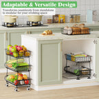 3 Tire Rolling Pantry Organizers and Storage Cart on Wheels | Metal Frame, Under Pantry Cabinet, Drip Tray, Storage for Snack, Potato, Onion, Produce, Can, Drink, Fruit and Vegetable