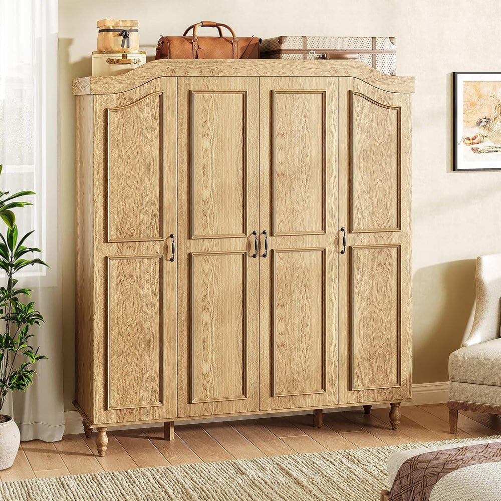 71" H Arched Armoire Wardrobe Closet with 4 Doors, Wooden, Natural
