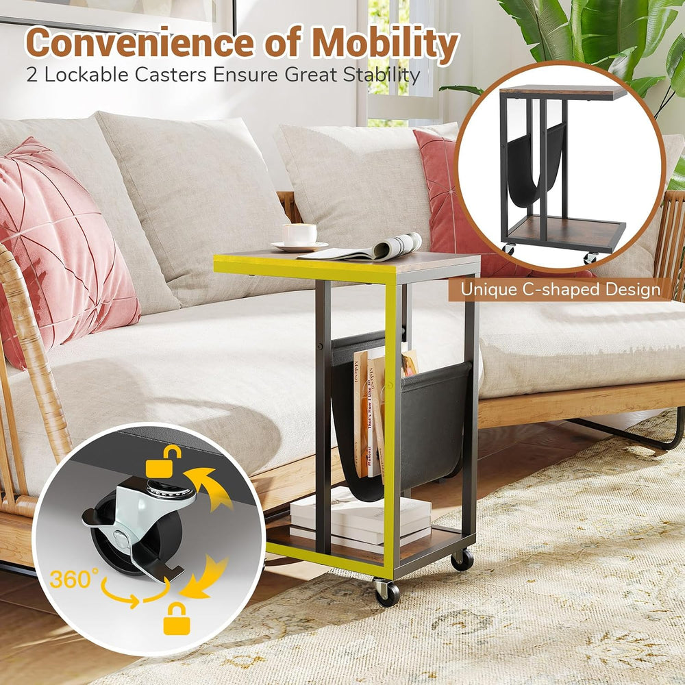 Giantex C Shaped End Table with Rolling Wheels, Sofa Side Table with Magazine...