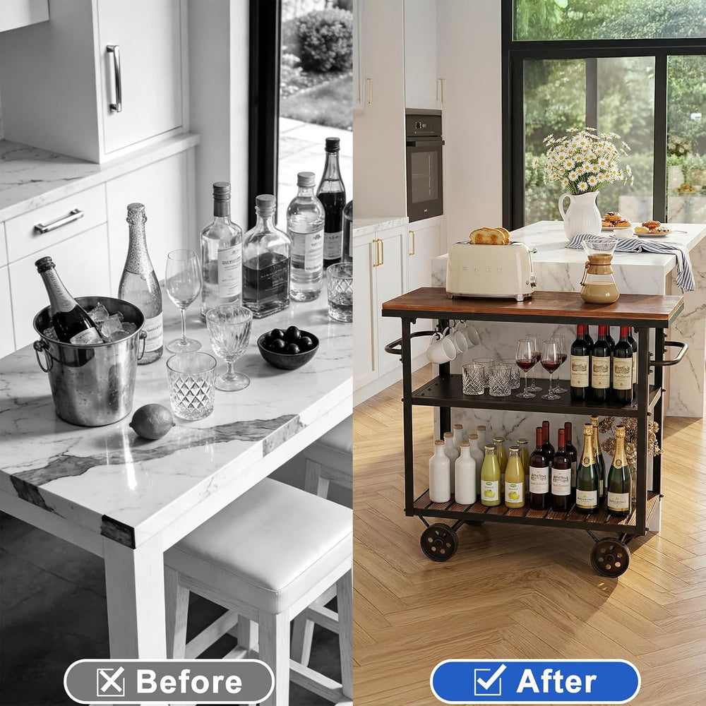 Farmhouse Mobile Cart with Wheels for Home Kitchen Industrial Rolling Food Ca...