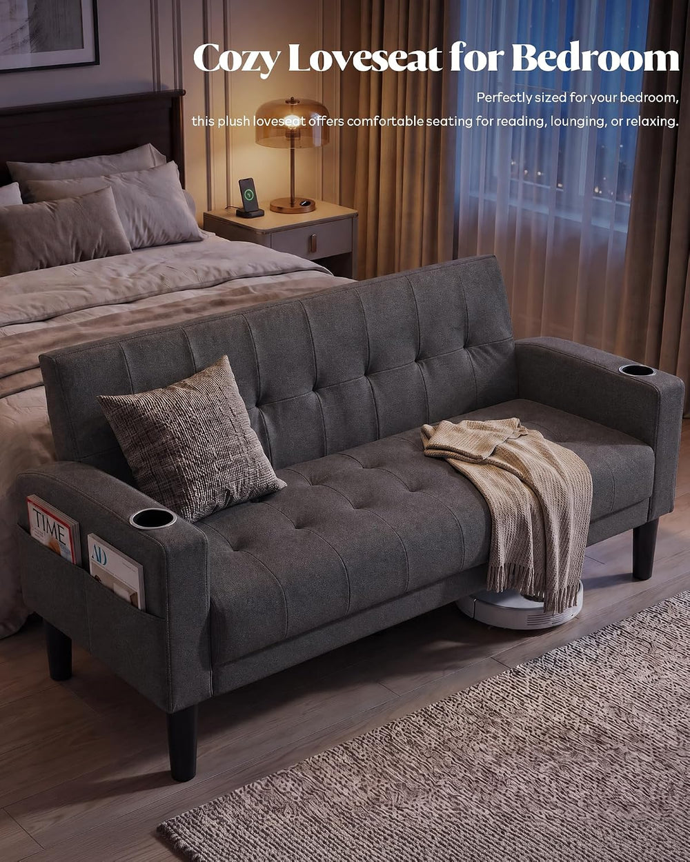 3 Piece Dark Grey Fabric Linen Mid Century Modern Living Room Sofa Set